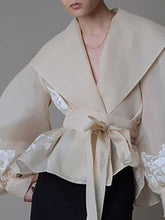 Vintage Style Organza Women's Blouse with Lapel Collar, Lace-Up Detail, and Bow